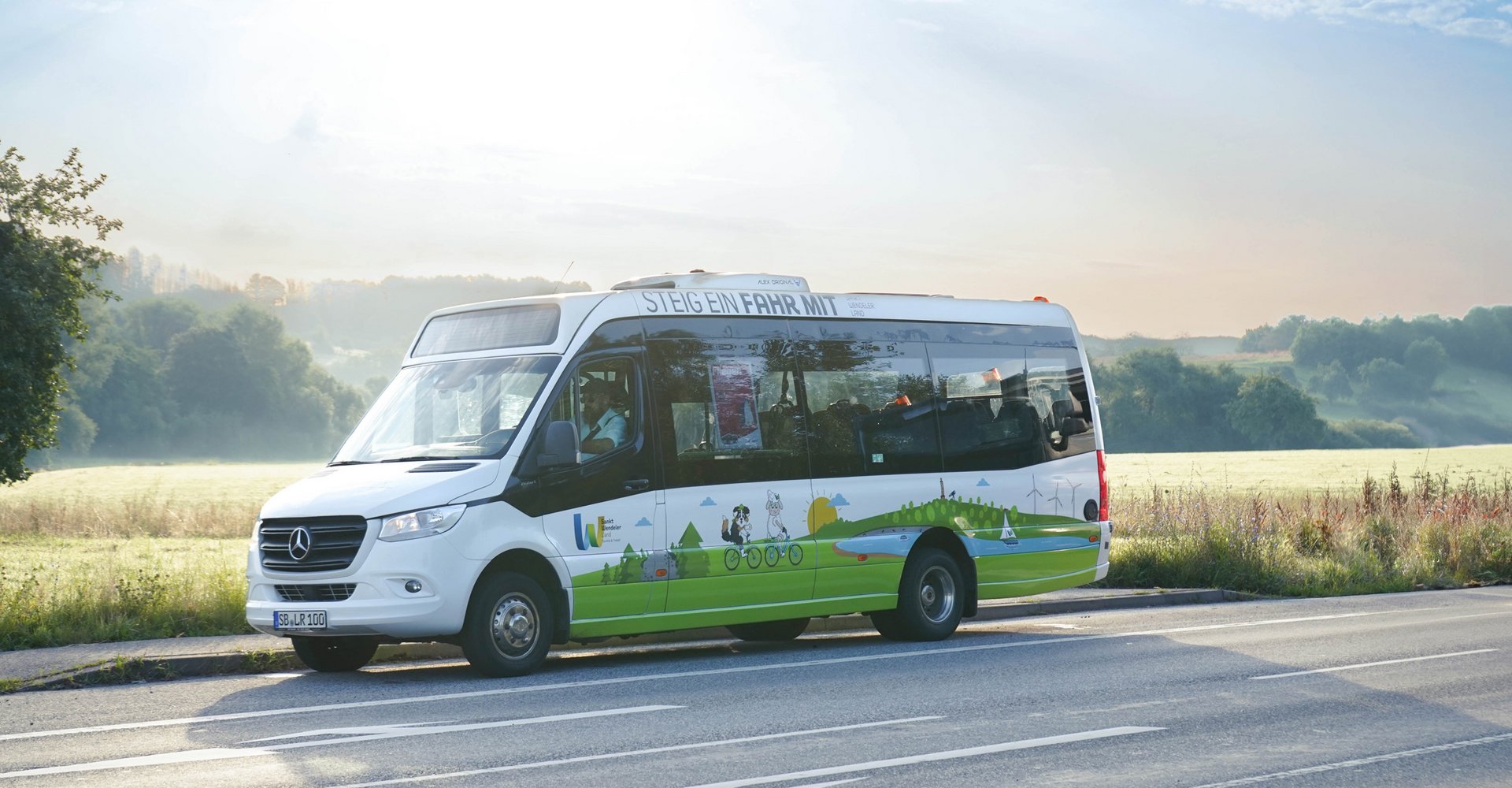 Ein Bus, der mit Sehenswürdigkeiten beklebt ist, fährt auf einer Straße, während die Sonne scheint.