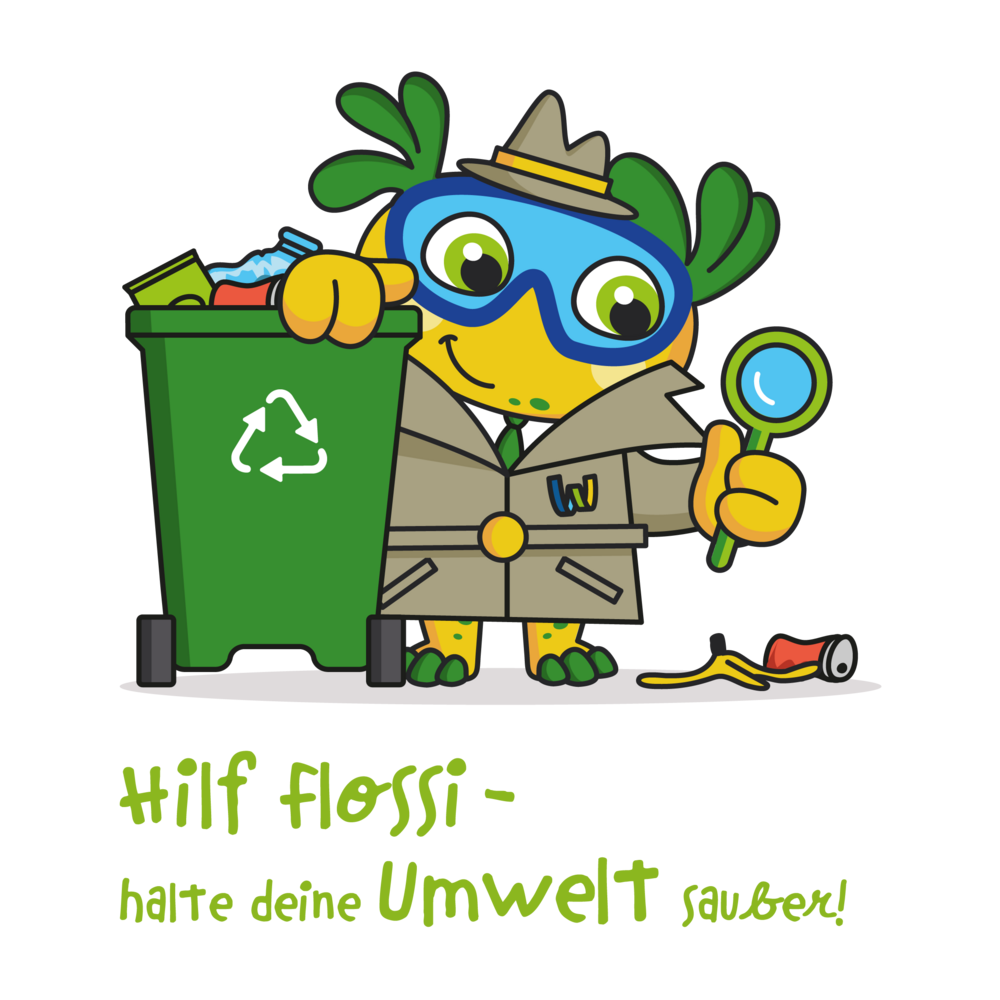 Das Maskottchen Flossi (ein Axolotl) trägt eine Detektivuniform, bestehend aus Mantel und Hut, und hält eine Lupe in der linken Hand, die auf eine Bananenschale und eine Dose auf dem Bosen gerichtet ist. Seine rechte Hand ist auf eine Mülltonne mit dem "wieder verwertbar" Symbol darauf."