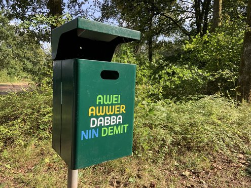 Grüner Mülleimer mit der bunten Aufschrift "Awei awwer dabba nin demit"