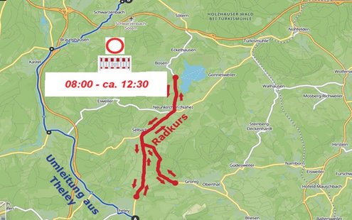 Kartenausschnitt der Region rund um den Bostalsee mit der Einzeichnung der Sperrung für die Radfahrer.