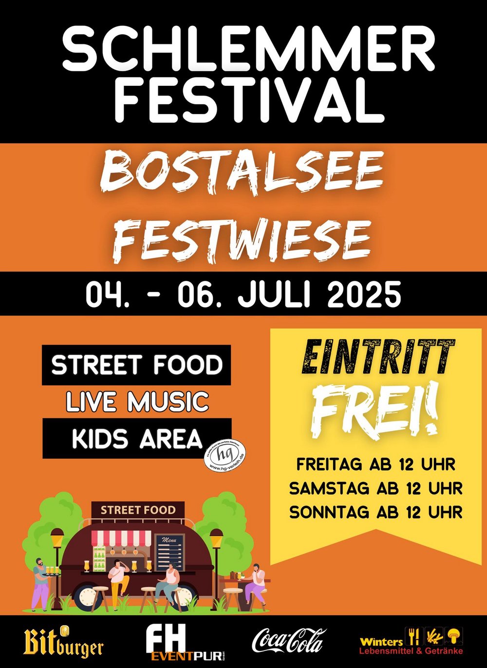 Ein buntes Plakat für das Schlemmer-Festival am Bostalsee. Darauf stehen die Daten und ein kleiner Streetfood-Truck ist abgebildet.