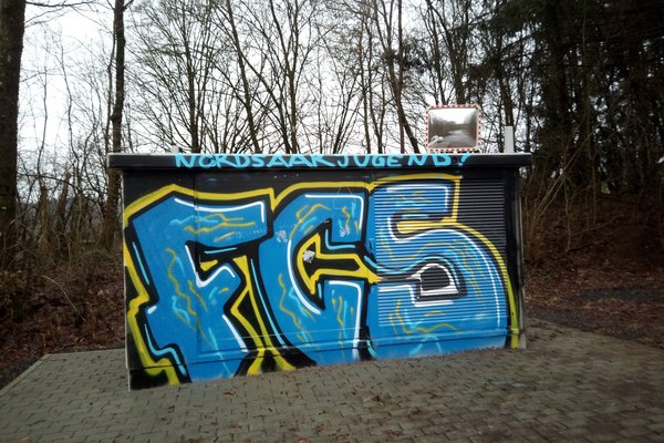 Eine Trafostation ist komplett schwarz besprüht mit der Aufschrift in blau "FCS" und "Nordsaarjugend"